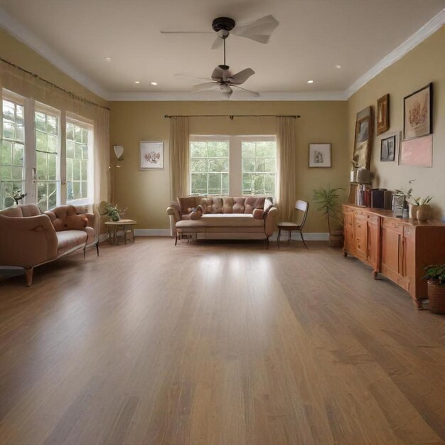 a living room with a couch chairs and a ceiling fan