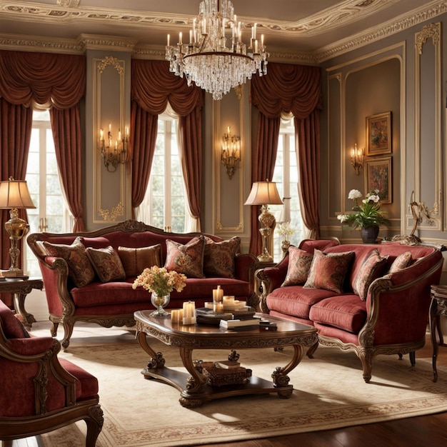 a living room with a couch chairs and a chandelier