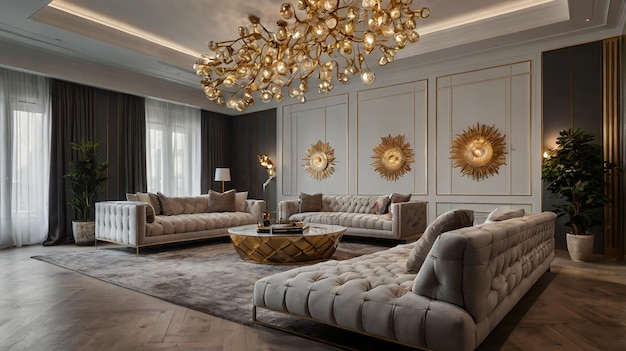 a living room with a couch chairs and a chandelier