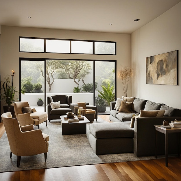 a living room with a couch chairs and a large window