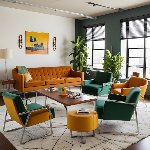 a living room with a couch chairs and a table with a lamp on it