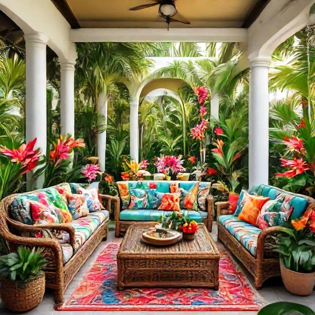 a living room with a couch chairs and a table with a plant in the middle