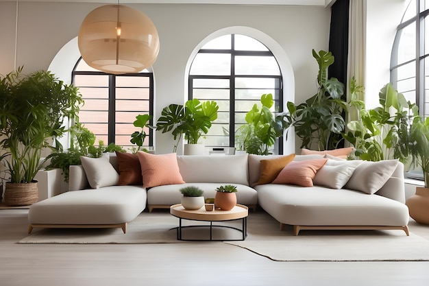 a living room with a couch chairs and a table with plants