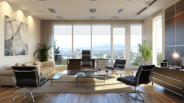 a living room with a couch chairs and windows with a view of the city