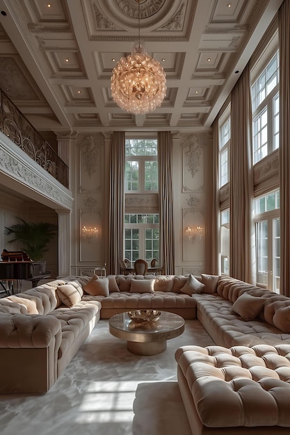 a living room with a couch and a chandelier