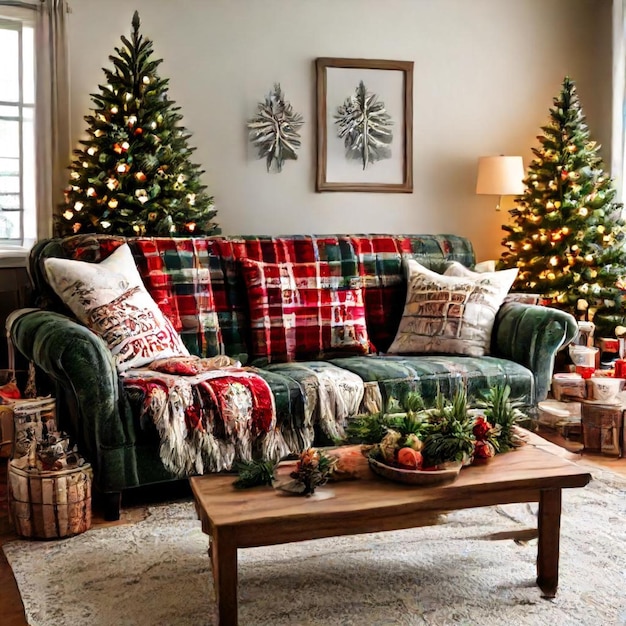 Photo a living room with a couch christmas tree and a couch with a plaid blanket