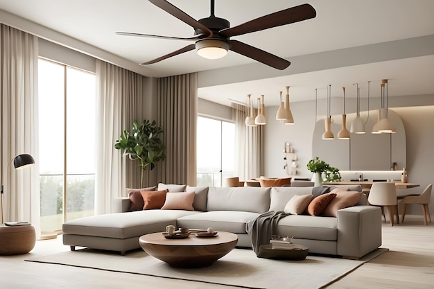 a living room with a couch coffee table and a ceiling fan