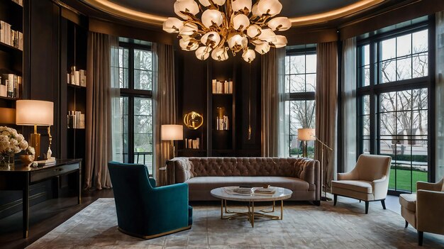 a living room with a couch coffee table and a chandelier