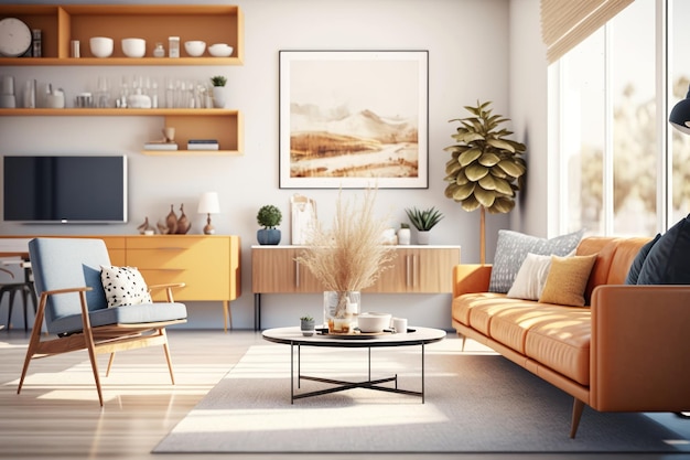 A living room with a couch, a coffee table, a coffee table, and a large framed art piece.