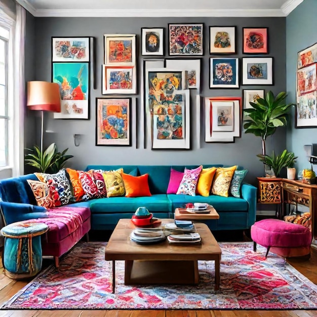 a living room with a couch coffee table and a colorful rug