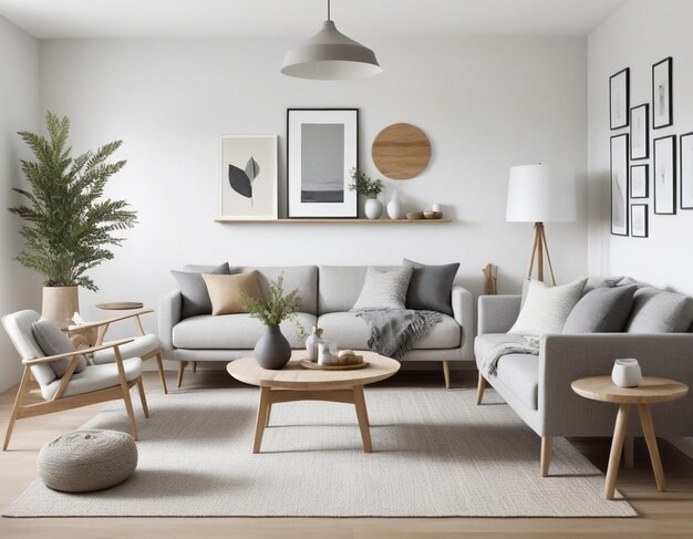 Photo a living room with a couch coffee table and a couch with a lamp on it