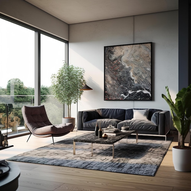 A living room with a couch and a coffee table in front of a large window.