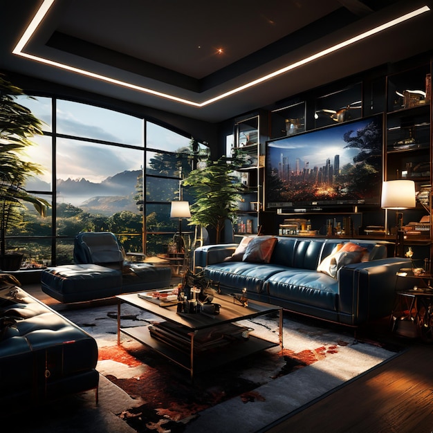 a living room with a couch coffee table and a large picture of a mountain