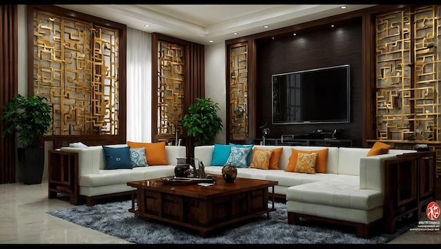 a living room with a couch a coffee table and a large tv on the wall