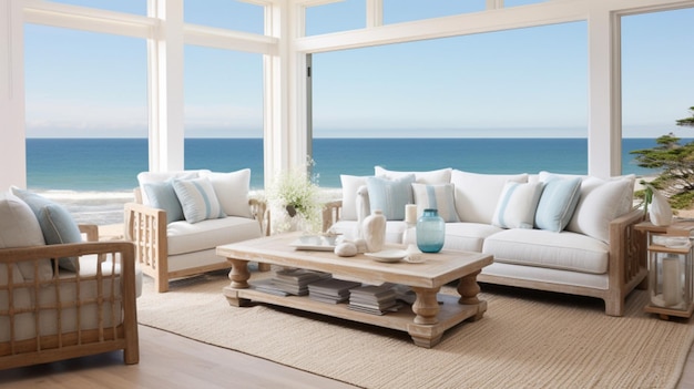 a living room with a couch coffee table and a large window