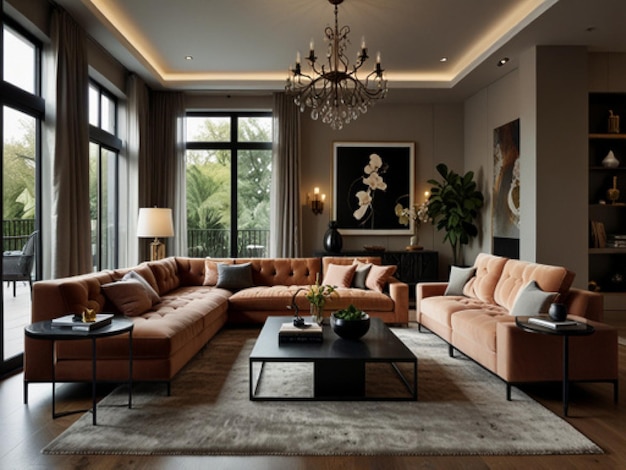 a living room with a couch coffee table and a large window