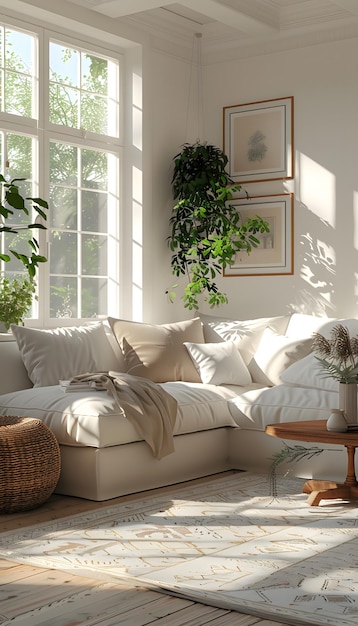 A living room with a couch coffee table and lots of windows