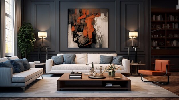 a living room with a couch a coffee table and a painting on the wall