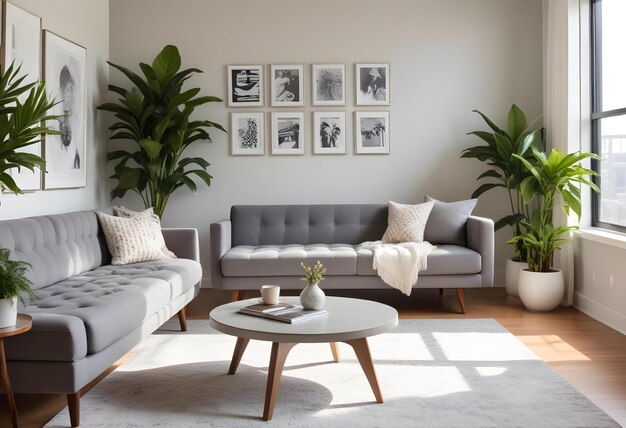 a living room with a couch a coffee table and a plant in the corner