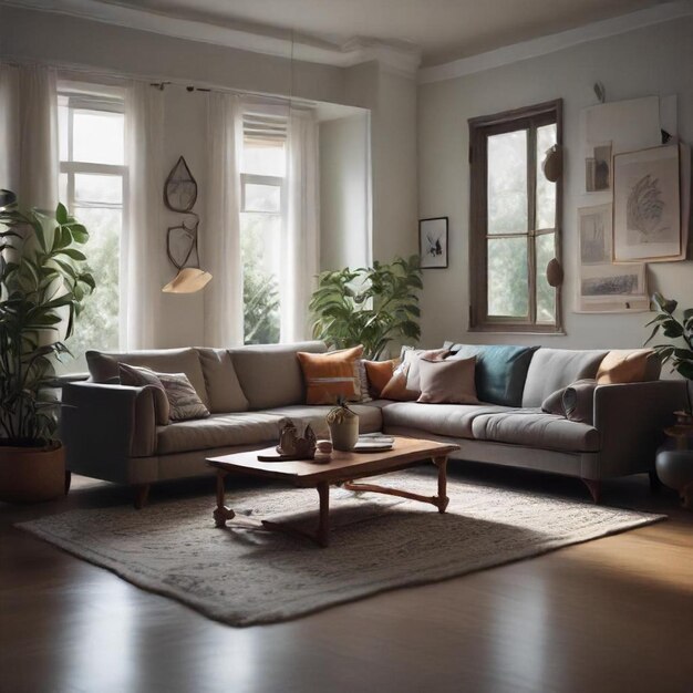 a living room with a couch a coffee table and a plant on the floor