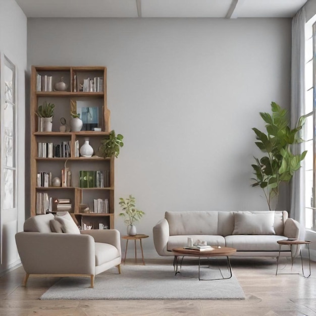 a living room with a couch coffee table and a plant on the shelf