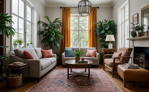 a living room with a couch a coffee table and a plant on the table