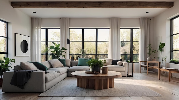 a living room with a couch a coffee table and a plant on the table