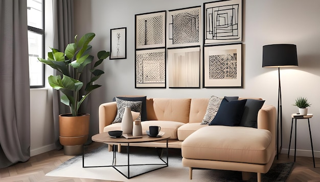 a living room with a couch coffee table and a plant on the wall