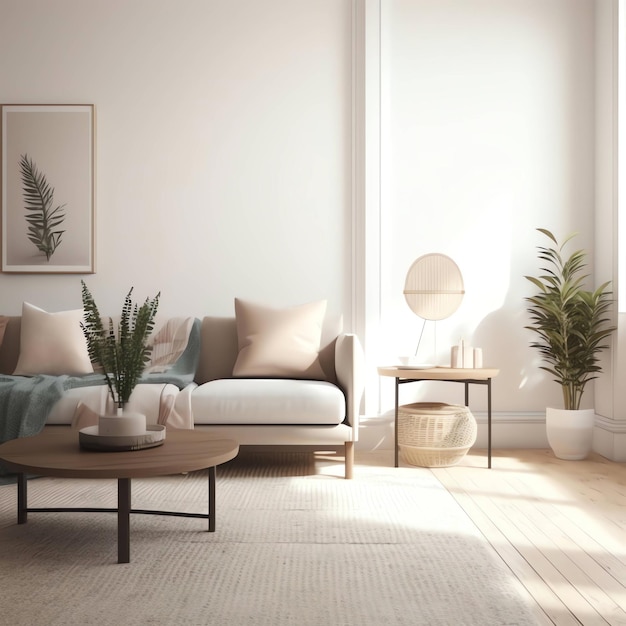 A living room with a couch, coffee table, and a plant on the wall.