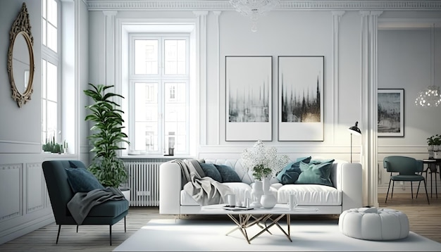 A living room with a couch, a coffee table, and a plant on the wall.