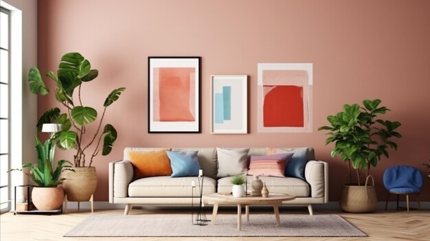 A living room with a couch, a coffee table, and a plant on the wall.