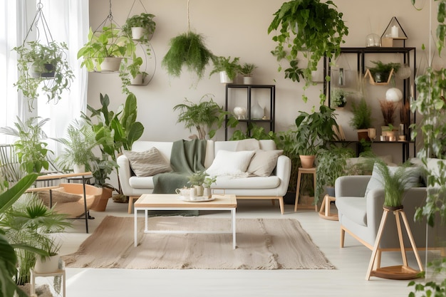 A living room with a couch, a coffee table, and a planter with plants hanging from the ceiling.