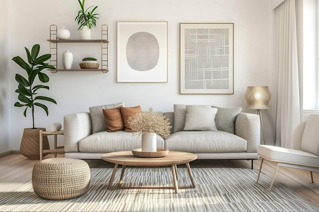 A living room with a couch coffee table and potted plant