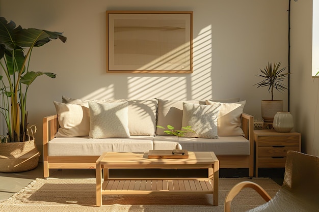 A living room with a couch coffee table and potted plant