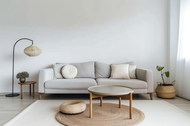 A living room with a couch coffee table and potted plant