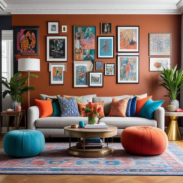 a living room with a couch coffee table and several framed paintings on the wall