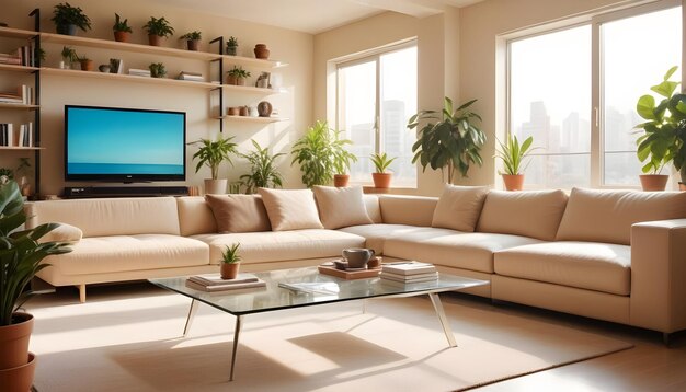 a living room with a couch a coffee table a tv and a plant on the table