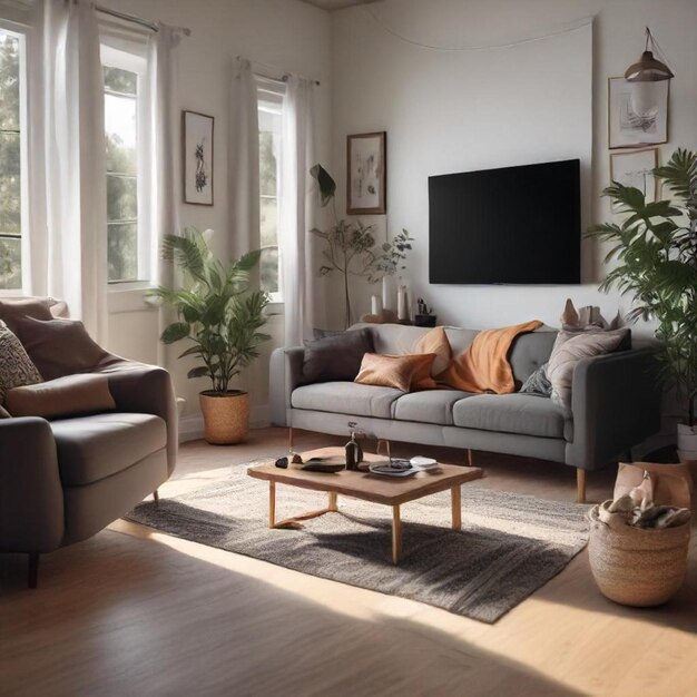 a living room with a couch a coffee table and a tv on the wall