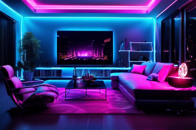 a living room with a couch a coffee table and a tv with a purple light on it