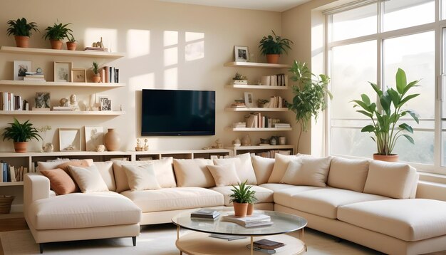 a living room with a couch a coffee table and a tv