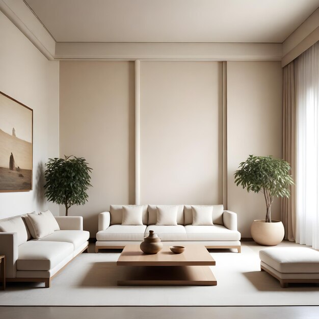 a living room with a couch coffee table and two potted plants