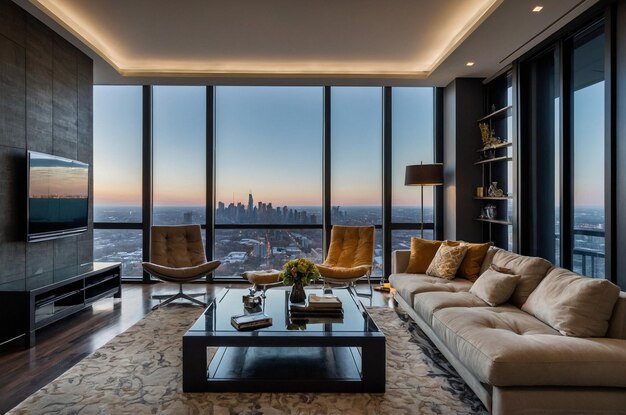 a living room with a couch coffee table and a view of the city