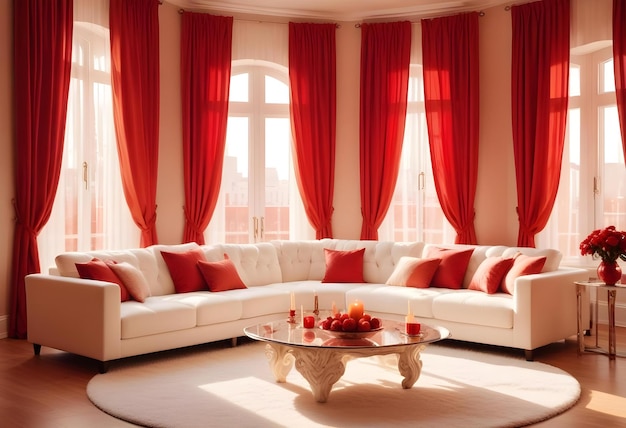 a living room with a couch a coffee table and a window with red curtains