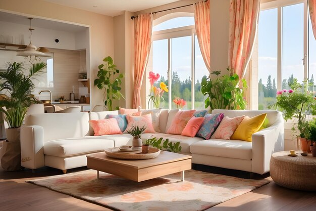 a living room with a couch coffee table and a window with a view of the outside