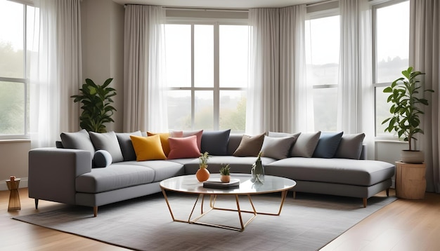 a living room with a couch coffee table and a window with a view of the outside