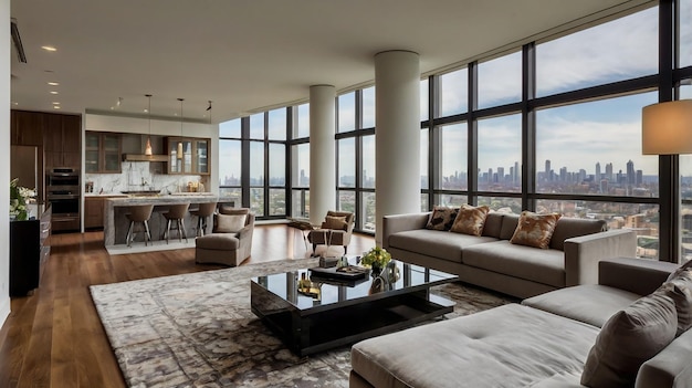 a living room with a couch coffee table and windows with a view of the city