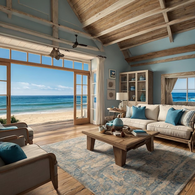 a living room with a couch coffee table and windows with a view of the ocean