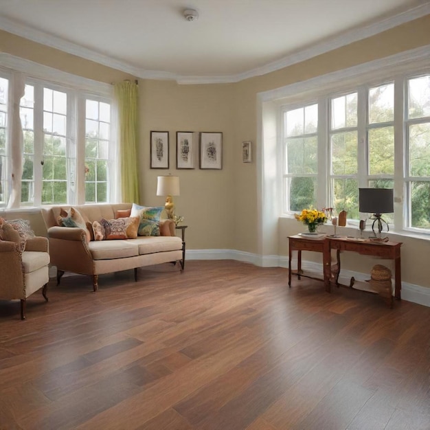 a living room with a couch coffee table and windows with a view of trees