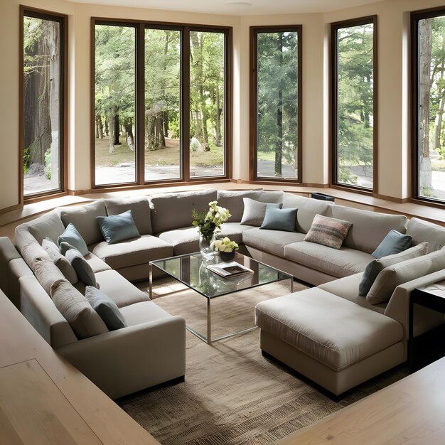 a living room with a couch coffee table and windows with a view of trees