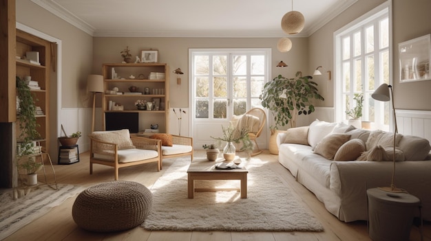 A living room with a couch and a coffee table with a bookcase on the left side.